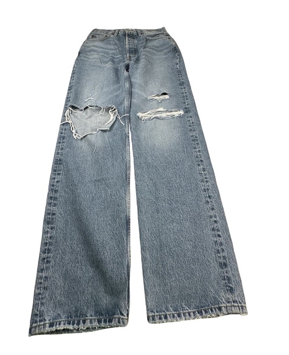 RE/DONE 90s Comfy Jeans Womens 27 High Rise Distressed Ripped Straight Leg Blue